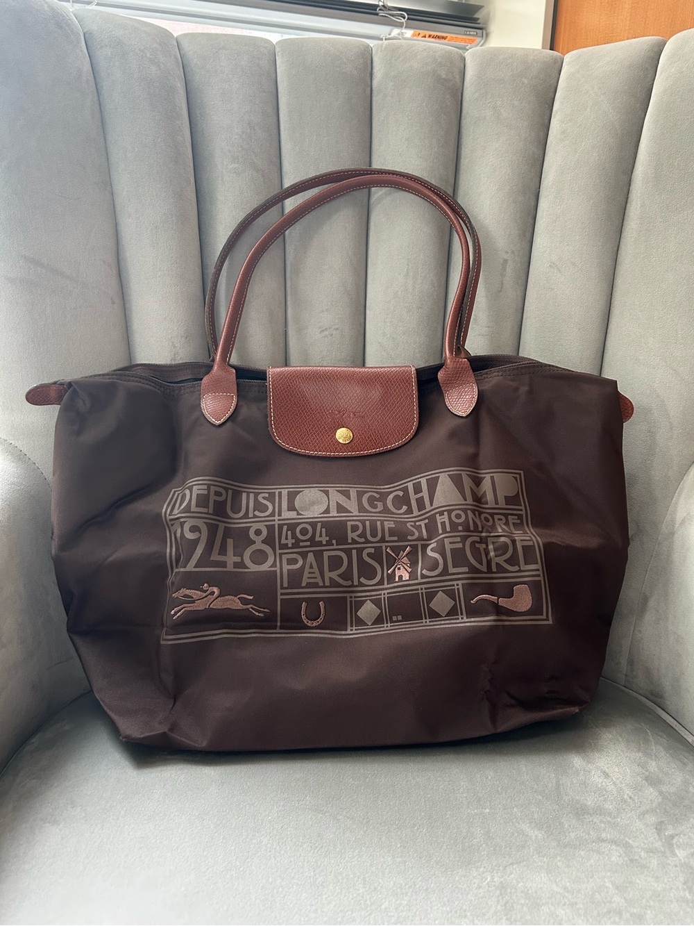 Longchamp Brown Graphic Tote with Leather Trim